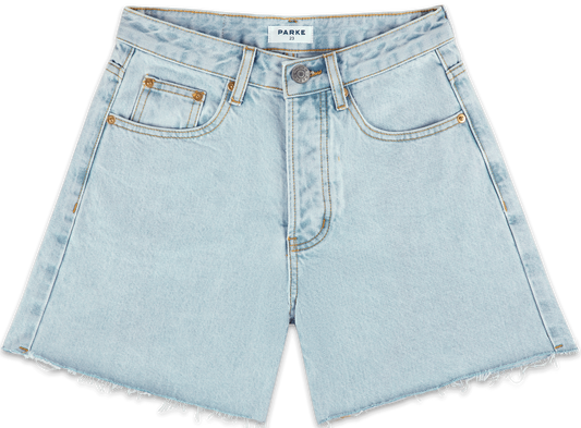 long baggy shorts flat lay -light wash