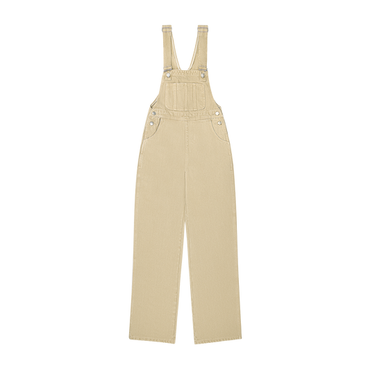 denim overalls flat lay -camel