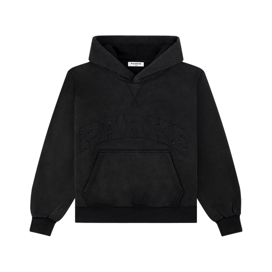 Halloween Varsity Hoodie flat lay -acid wash black