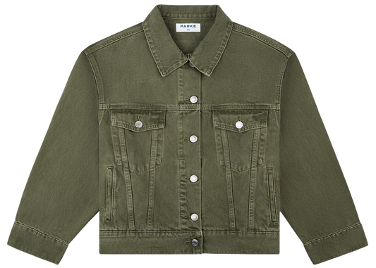 olive oversized denim jacket flat lay -olive