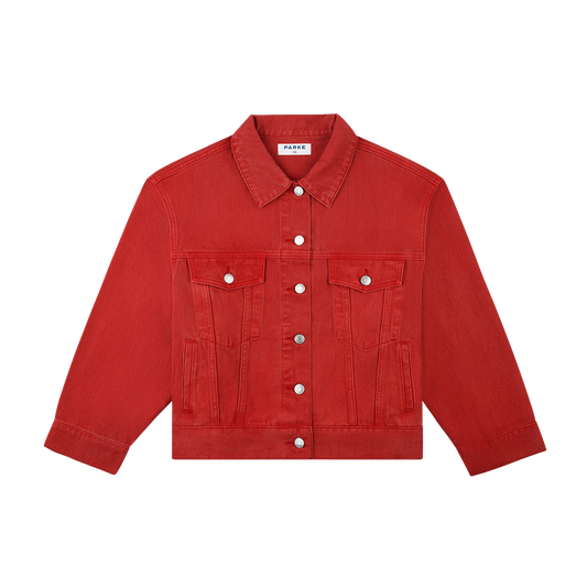vintage wash girl wearing oversized denim jacket -washed red 