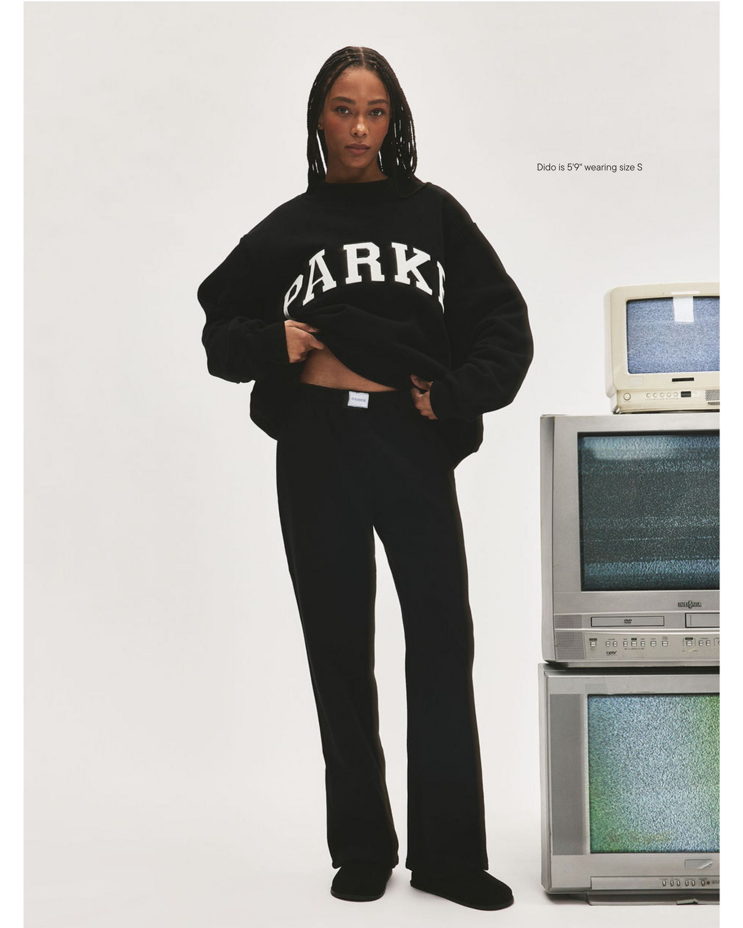 girl wearing Boxer Sweatpants -black